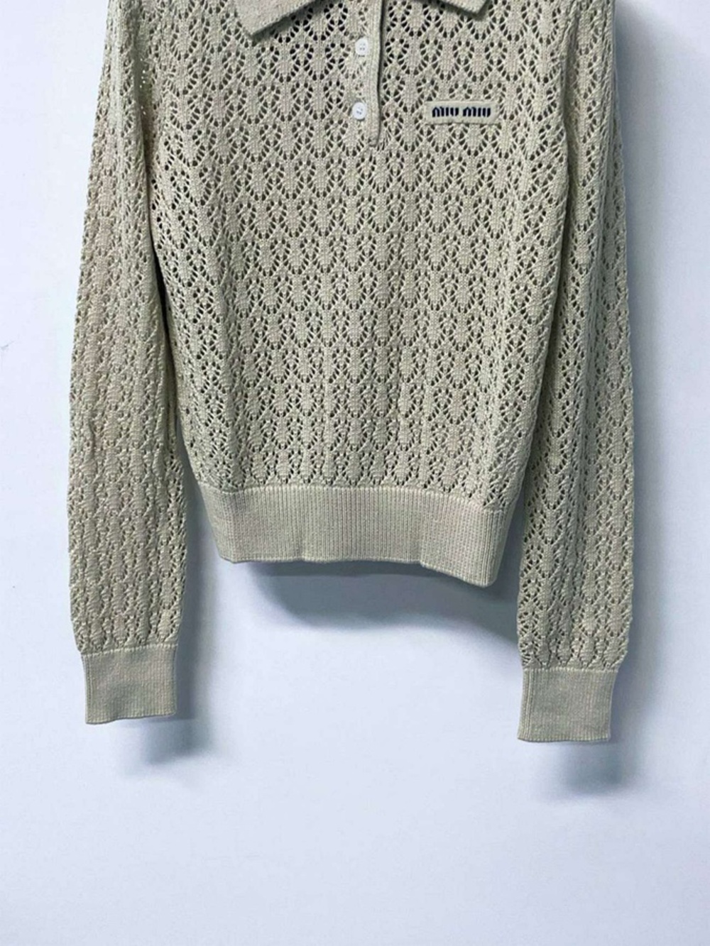 Miu Miu Cream Open‑Knit Cropped Polo Knit Blouse - Picture 4 of 5